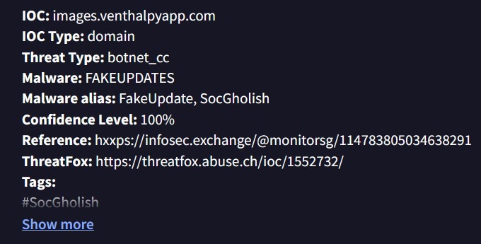 SentinelOne alert identifying outbound POST requests to a confirmed SocGholish malicious domain